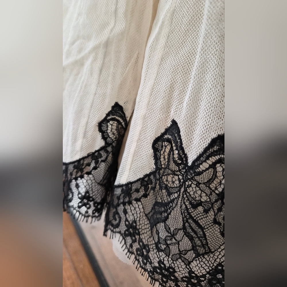 White Mesh Dress with Handmade Black Lace Trim